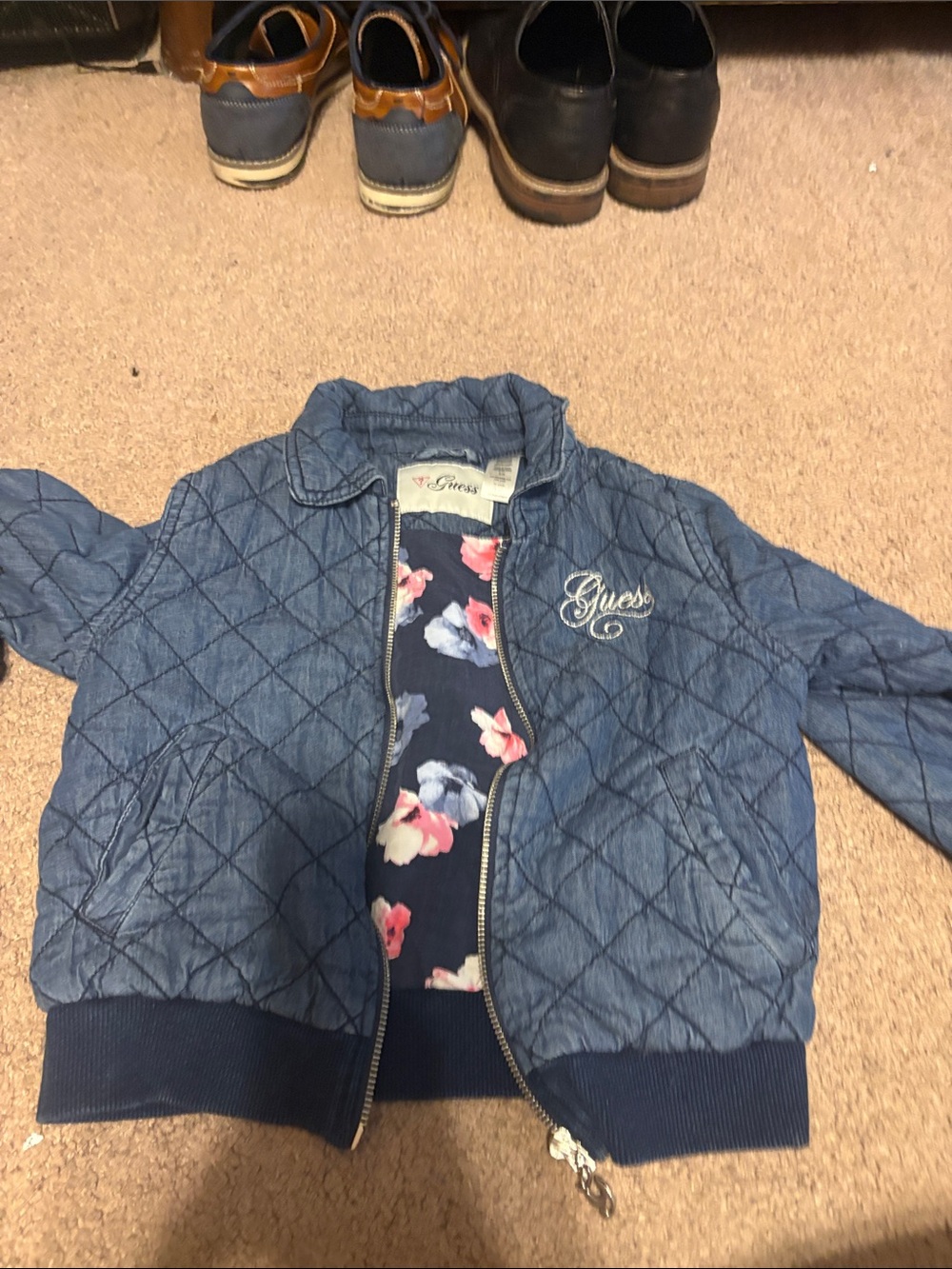 Guess Quilted Denim-Blue Girls' Bomber Jacket with Floral Lining